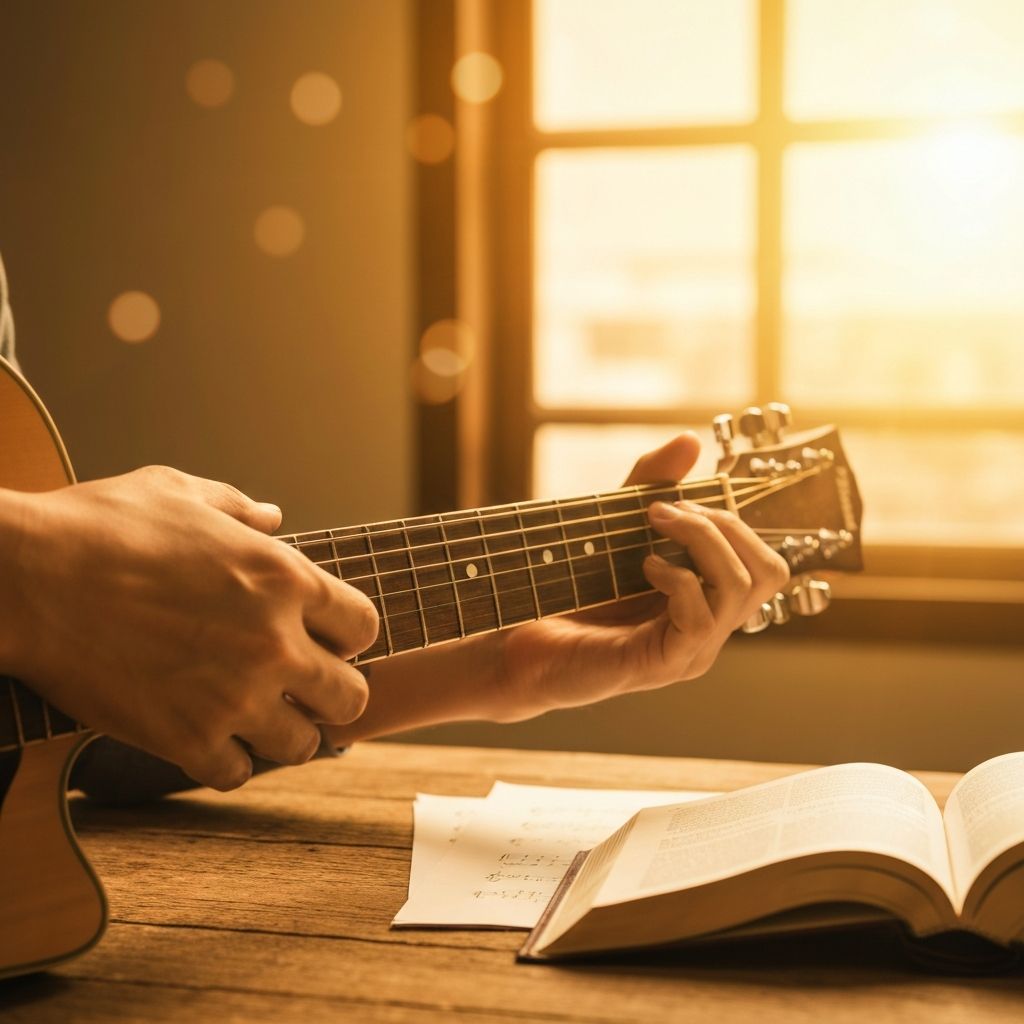 Acoustic guitar resting on a wooden surface with warm sunlight — representing the heart of Godday Music