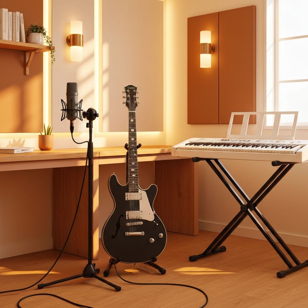 A warmly lit music studio with guitars and a keyboard — the kind of welcoming space Godday Music creates